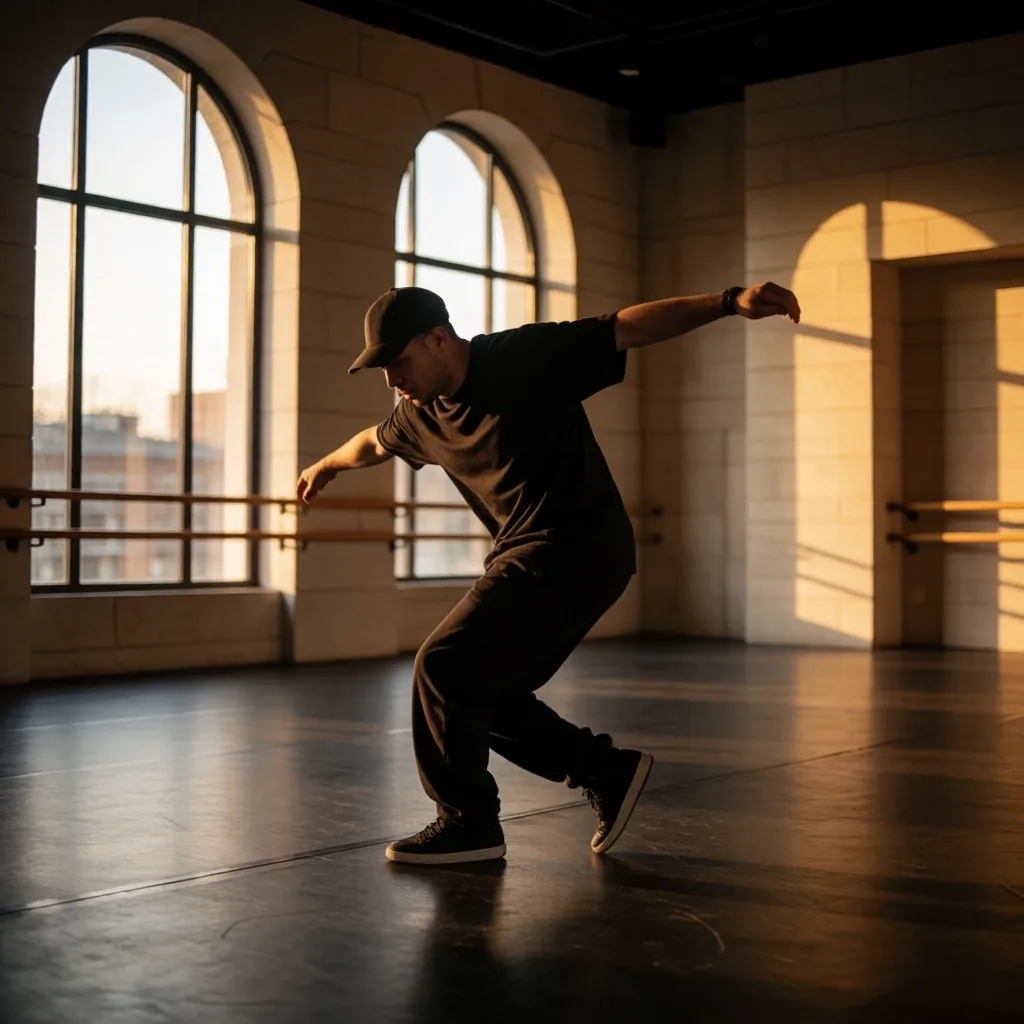 Traverten duvarlı stüdyoda hip-hop donuş hareketi yapan solo dansçı